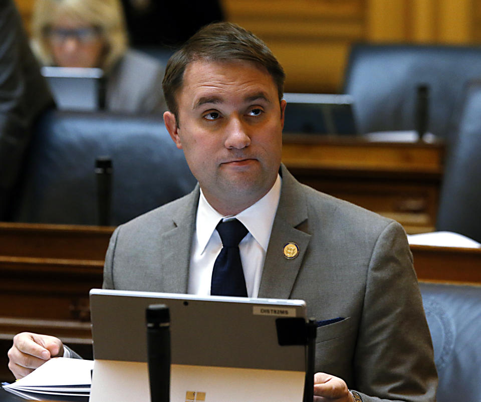 Del. Jason Miyares, R-VA Beach, listens to debate during the floor session of the House of Delegates at the State Capitol in Richmond, Va., Monday, Feb. 12, 2018. The Republican Party of Virginia announced late Sunday, May 9, 2021, that state Miyares has won its nomination for attorney general, as the party works to tabulate the votes for several state offices cast by tens of thousands of Virginia Republicans. (Bob Brown/Richmond Times-Dispatch via AP)