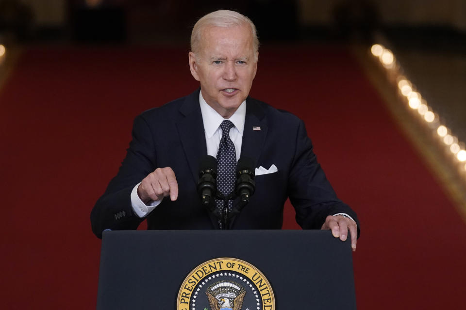 FILE - President Joe Biden speaks about the latest round of mass shootings, from the East Room of the White House in Washington, Thursday, June 2, 2022. President Joe Biden and the Democrats have become increasingly emboldened in pushing for stronger gun control. The Democratic-led House passed legislation in July to revive a 1990s-era ban on certain semi-automatic guns, with Biden’s vocal support. And the president pushed the weapons ban nearly everywhere that he campaigned this year. (AP Photo/Evan Vucci, File)