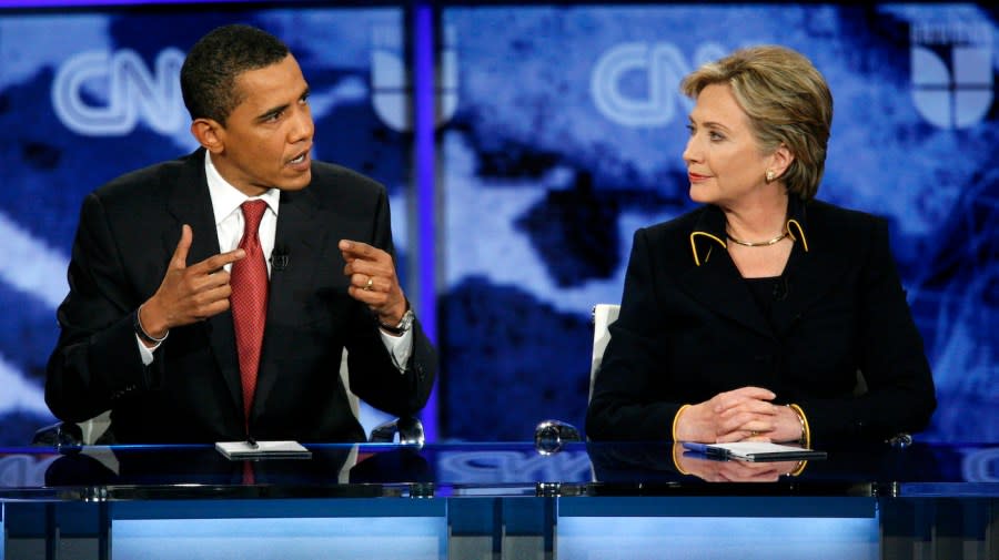 <em>Barack Obama and Hillary Clinton after debating at the Austin Democratic Debate on Feb. 21, 2008, in Austin, Texas.</em> (Photo by Ben Sklar/Getty Images)
