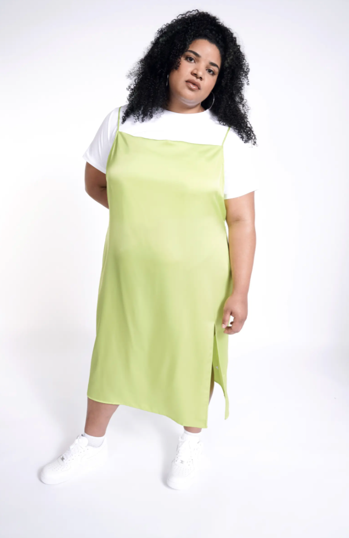 Square Neck Satin Slipdress in Neon Green