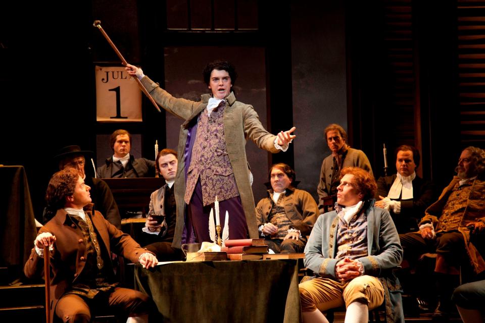 Jarrod Zimmerman, standing, in a scene from Frank Galati’s 2012 production of “1776” at Asolo Repertory theatre.