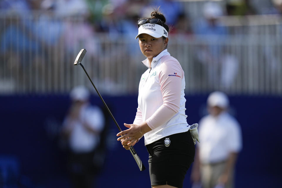 Megan Khang reacts after missing a putt on the 18th hole during the third round of the Chevron Championship women's golf tournament at The Club at Carlton Woods on Saturday, April 22, 2023, in The Woodlands, Texas. (AP Photo/Eric Gay)