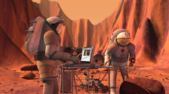 How soon before humans trek across the landscape of Mars? Artist's concept depicts crewmembers involved in sample analysis on Mars.