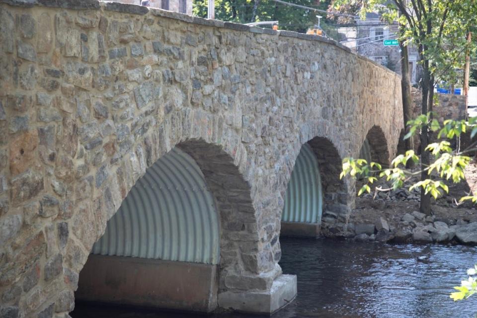 A view of the rebuilt western spandrel wall of the Schooley’s Mountain Road bridge in Washington Township, which reopened Tuesday, Aug. 1, 2023.