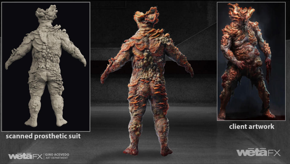 Another angle on the prosthetic suit and concept artwork used for Weta's Bloater monster in The Last of Us. (Photo: Weta FX)