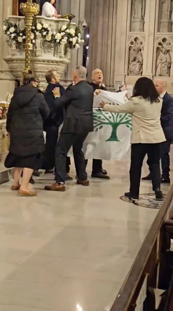 Pro-Palestinian demonstrators disrupted services at St. Patrick’s Cathedral in New York on Saturday.