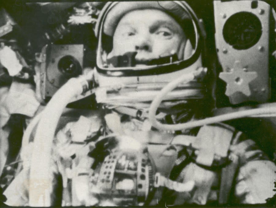 Astronaut John Glenn photographed in space by an automatic sequence motion picture camera during his flight on “Friendship 7.” Glenn was in a state of weightlessness traveling at 17,500 mph as these pictures were taken. (NASA)