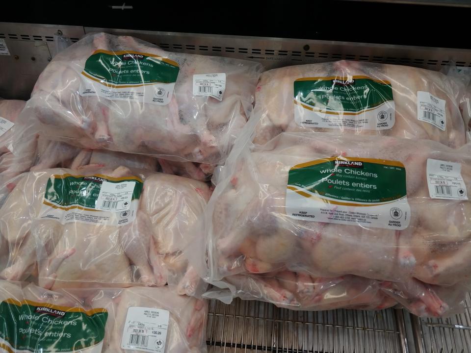 whole chickens in the freezer coolers at costco