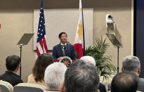 Philippines President Ferdinand Marcos Jr. speaks at the Daniel K. Inouye Asia-Pacific Center for Security Studies in Honolulu, Sunday, Nov. 19, 2023. Marcos said the situation in the South China Sea "has become more dire" as China expands its presence in an area where multiple nations have competing territorial claims. (AP Photo/Audrey McAvoy)