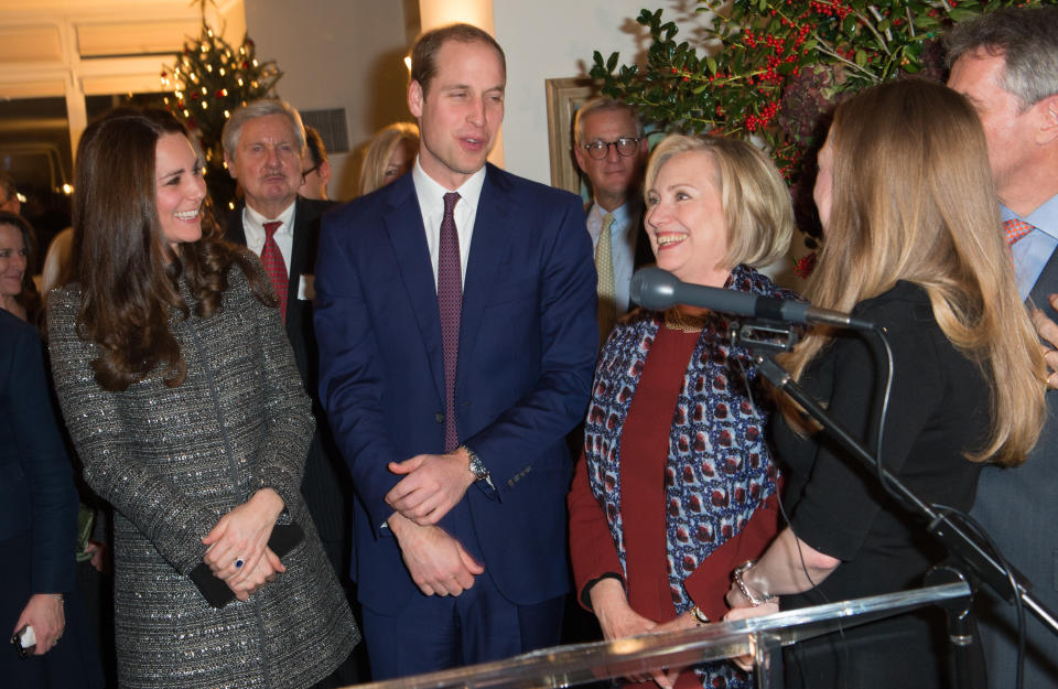 NEW YORK, NY - DECEMBER 08:  Former United States Secretary of State, Hillary Clinton chats with Prince William, Duke of Cambridge, Catherine, Duchess of Cambridge and Chelsea Clinton during a conservation reception at British Consul General's Residence on December 8, 2014 in New York City.  (Photo by Samir Hussein/WireImage)