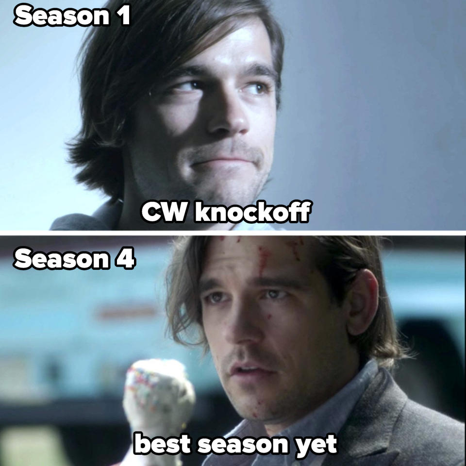 Quentin in season 1 labeled "CW knockoff" and in season 4 labeled "best season yet"
