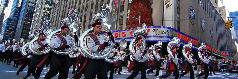 The University of Massachusetts Minuteman Marching Band performs in New York City.