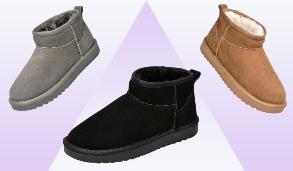 3 pairs of short suede winter boots in grey, black and chestnut