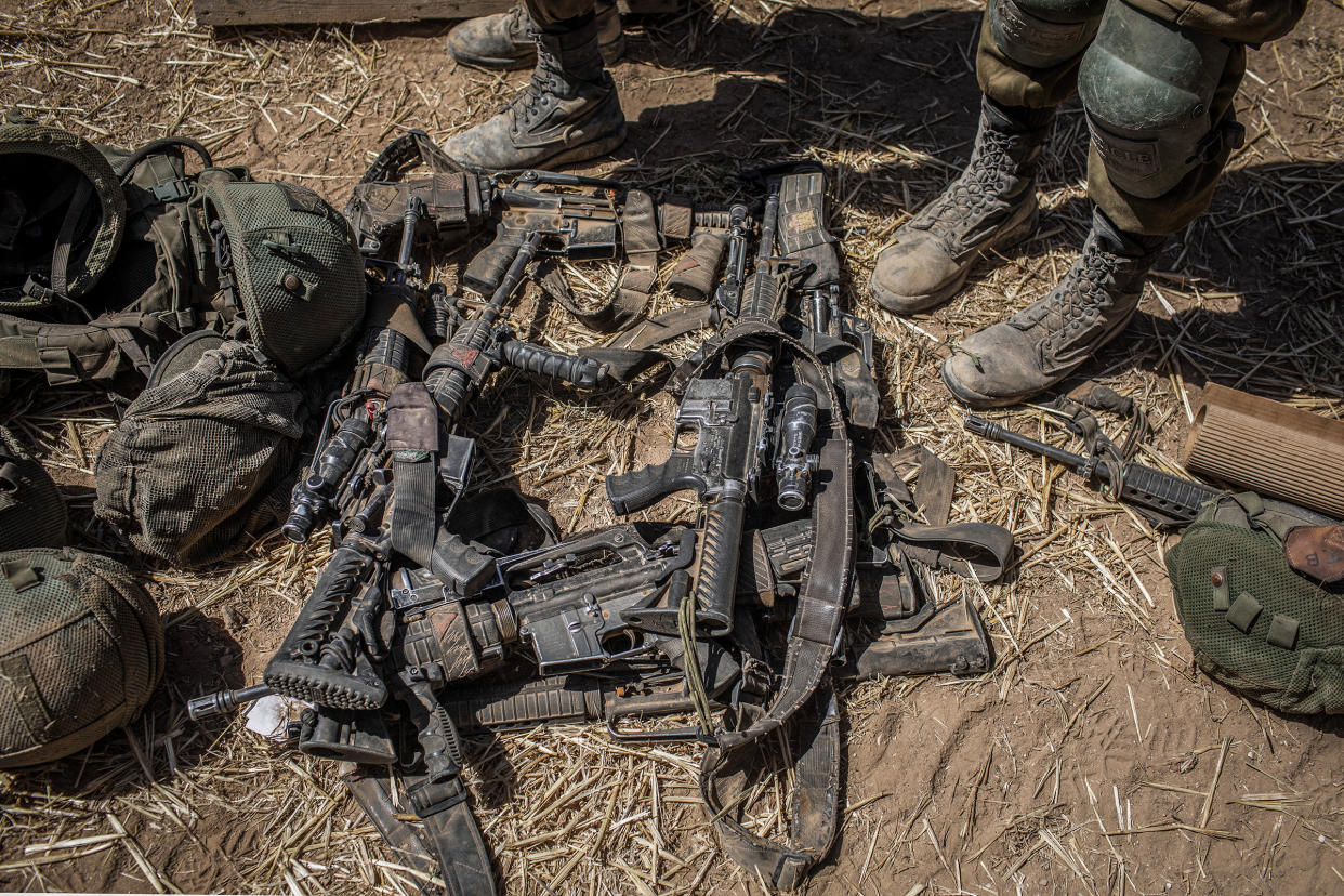 Weapons belonging to soldiers of the Israel Defense Forces near Sderot on May 19, 2021.