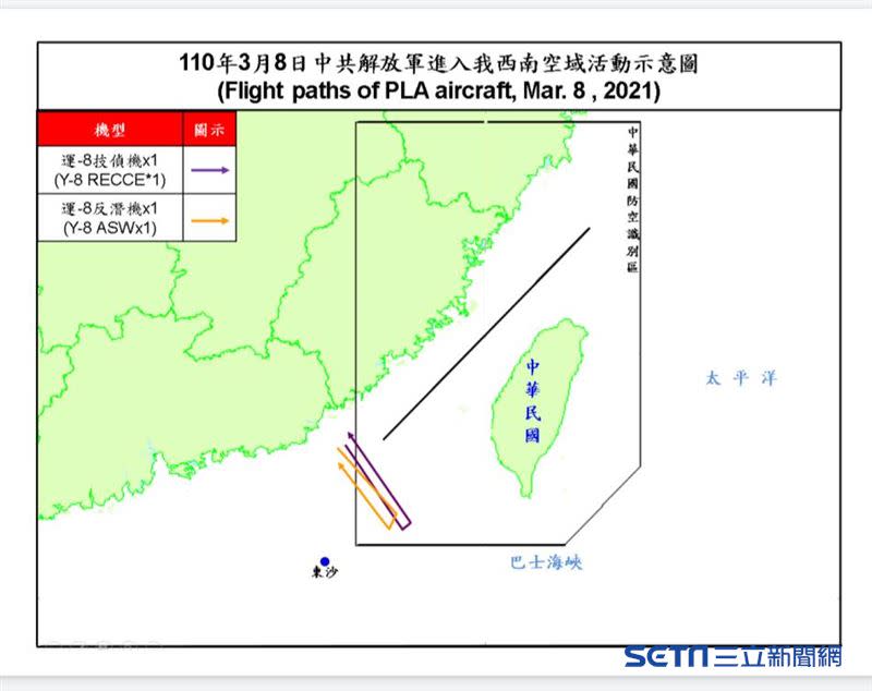 國防部晚間證實今日兩架共機襲擾我防空識別區（ADIZ）的西南空域。（圖／國防部提供）