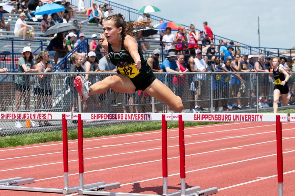 Fairfield senior Emma Dennison leaps to a gold medal (47.11) in the 2A 300-meter hurdles at the PIAA District 3 Track and Field Championships on Saturday, May 21, 2022, at Shippensburg University. 