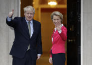 FILE - In this Wednesday, Jan. 8, 2020 file photo Britain's Prime Minister Boris Johnson greets European Commission President Ursula von der Leyen outside 10 Downing Street in London. It's more than four years since Britain voted to leave the European Union, and almost a year since Prime Minister Boris Johnson won an election by vowing to "get Brexit done." Spoiler alert: It is not done. As negotiators from the two sides hunker down for their final weeks of talks on an elusive trade agreement, Britain and the EU still don't know whether they will begin 2021 with an organized partnership or a messy rivalry.(AP Photo/Kirsty Wigglesworth, File)