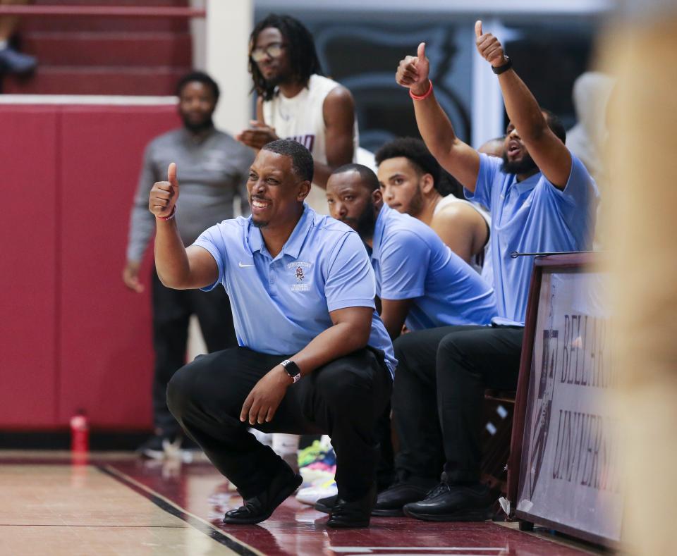 J-Town head coach Richard Duncan, Jr. instructed his team against Desales during the championship of the 6th Region tournament at Bellarmine Knights Hall in Louisville, Ky. on Mar. 6, 2023.   