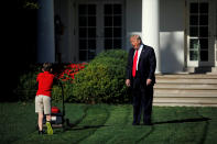 <p>President Donald Trump welcomes 11-years-old Frank Giaccio as he cuts the Rose Garden grass at the White House in Washington, U.S., September 15, 2017. Frank, who wrote a letter to Trump offering to mow the White House lawn, was invited to work for a day at the White House along the National Park Service staff. (Photo: Carlos Barria/Reuters) </p>