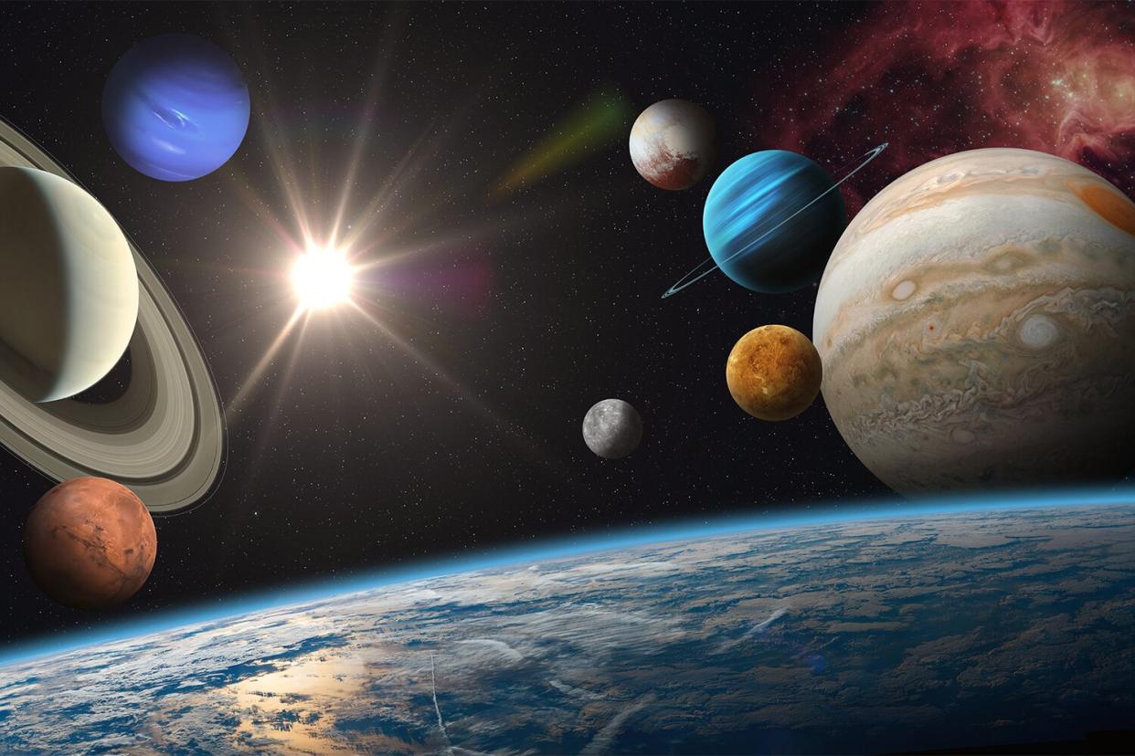 Earth and solar system planets, sun and star. Sun, Mercury, Venus, Earth, Mars, Jupiter, Saturn, Uranus, Neptune, Pluto. Sci-fi background. Elements of this image furnished by NASA. ______ Url(s): https://photojournal.jpl.nasa.gov/catalog/PIA00271 https://photojournal.jpl.nasa.gov/jpeg/PIA15160.jpg https://images.nasa.gov/details-PIA01492 https://solarsystem.nasa.gov/resources/17549/saturn-mosaic-ian-regan https://images.nasa.gov/details-PIA21061 https://mars.nasa.gov/resources/6453/valles-marineris-hemisphere-enhanced/ https://images.nasa.gov/details-PIA23121 https://images.nasa.gov/details-PIA22946 https://www.nasa.gov/image-feature/good-morning-from-the-international-space-station-1 Software: Adobe Photoshop CC 2015. Knoll light factory. Adobe After Effects CC 2017.