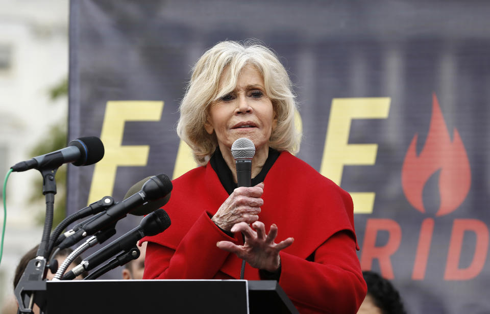 WASHINGTON, DC - OCTOBER 25: Actor Jane Fonda speaks during "Fire Drill Friday" Climate Change Protest on October 25, 2019 in Washington, DC .Protesters demand Immediate Action for a Green New Deal. Clean renewable energy by 2030, and no new exploration or drilling for Fossil Fuels.  (Photo by John Lamparski/Getty Images)