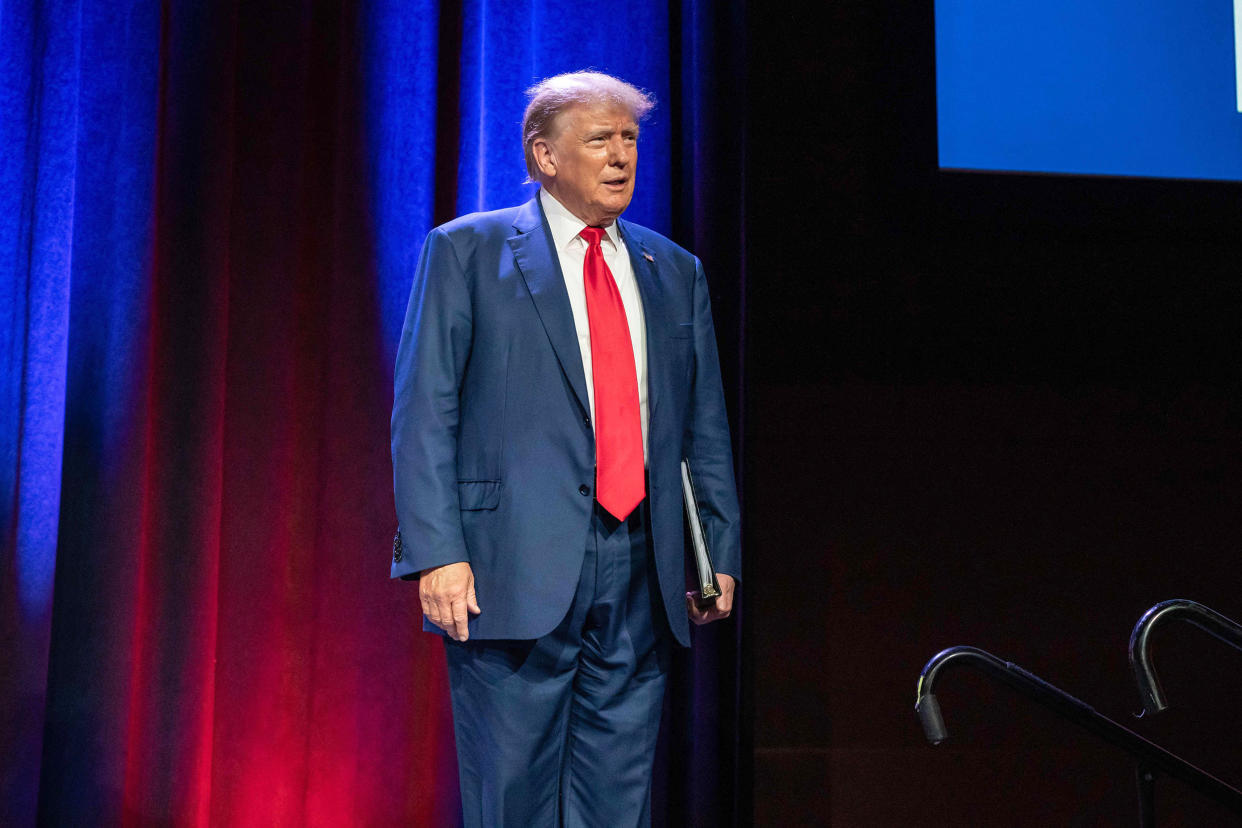Former US president and 2024 Republican Presidential hopeful Donald Trump arrives to speak at the Republican Party of Iowa's 2023 Lincoln Dinner at the Iowa Events Center in Des Moines, Iowa, on July 28, 2023. (Sergio Flores / AFP - Getty Images)