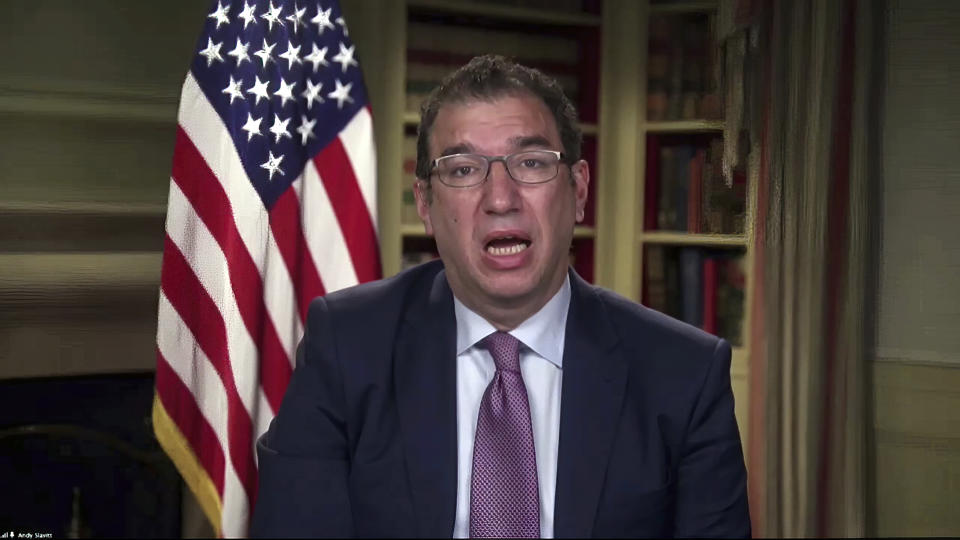 In this Jan. 27, 2021, image from video, Andy Slavitt, senior adviser to the White House COVID-19 Response Team, speaks during a White House briefing on the Biden administration's response to the COVID-19 pandemic in Washington. President Joe Biden’s team is styling itself on war footing as it attacks the coronavirus pandemic. Top aides say the administration is using every “tool the federal government has to battle on every front.” (White House via AP)