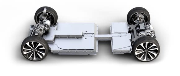 A view of the Lucid Air's underpinnings, showing its battery packs and two electric motors.