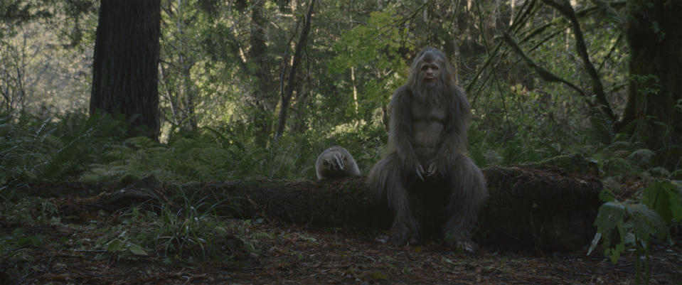 This image released by Bleeker Street shows Jesse Eisenberg in a scene from the film "Sasquatch Sunset." (Bleeker Street via AP)