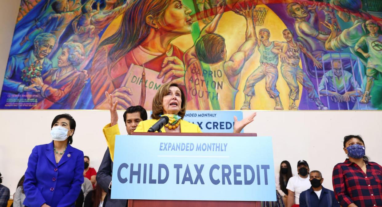 <span class="caption">House Speaker Nancy Pelosi strongly supported the 2021 expansion of the child tax credit.</span> <span class="attribution"><a class="link " href="https://www.gettyimages.com/detail/news-photo/house-speaker-nancy-pelosi-speaks-at-a-press-conference-on-news-photo/1328914081" rel="nofollow noopener" target="_blank" data-ylk="slk:Mario Tama/Getty Images;elm:context_link;itc:0;sec:content-canvas">Mario Tama/Getty Images</a></span>