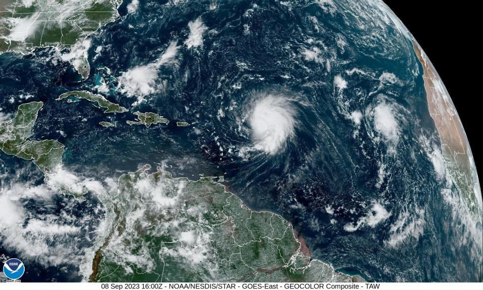 A composite image from NOAA shows Hurricane Lee churning towards the Caribbean after intensifying into a major storm on 8 September. (via REUTERS)