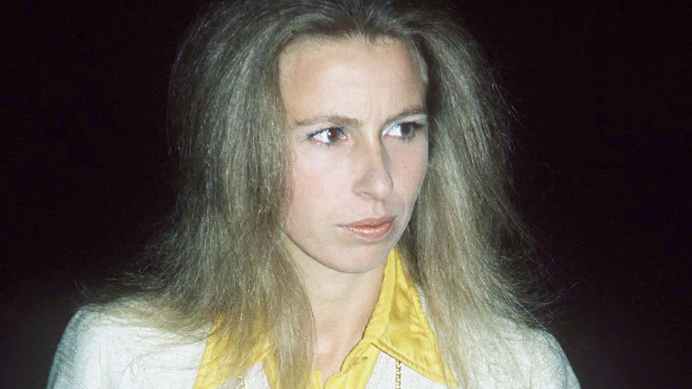 A photo of the Princess Royal, Princess Anne, pictured in the 1970s wearing a yellow shirt and white jacket