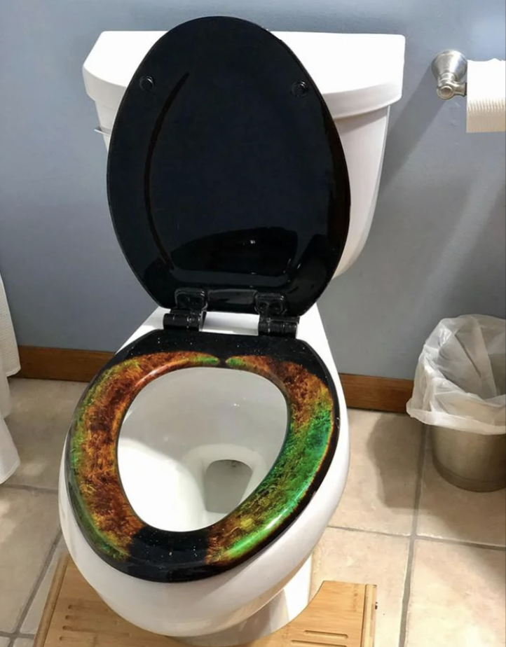 A toilet with an unusually colorful seat and lid open