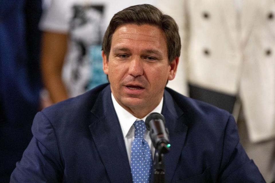 Governor Ron DeSantis address the media during a round table discussion with South Florida Officials and Cuban representatives at American Museum of the Cuban Diaspora in Miami, Florida, on Tuesday, July 13, 2021.