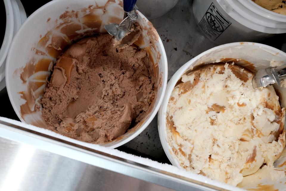 The Chocolate Peanut Butter Buckeye flavor, shown on the left, is a popular flavor at Bruster's.