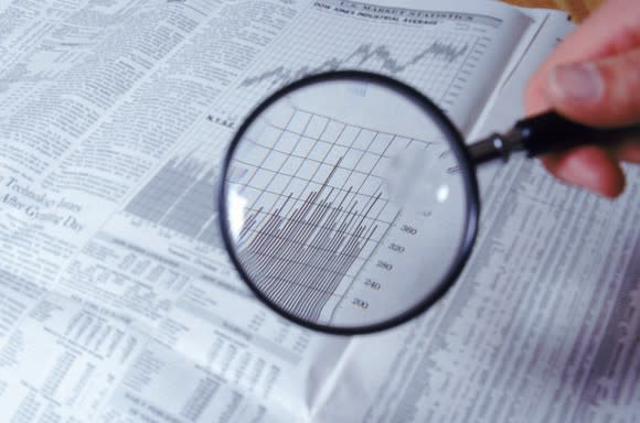 A magnifying glass being held over data in a financial newspaper.