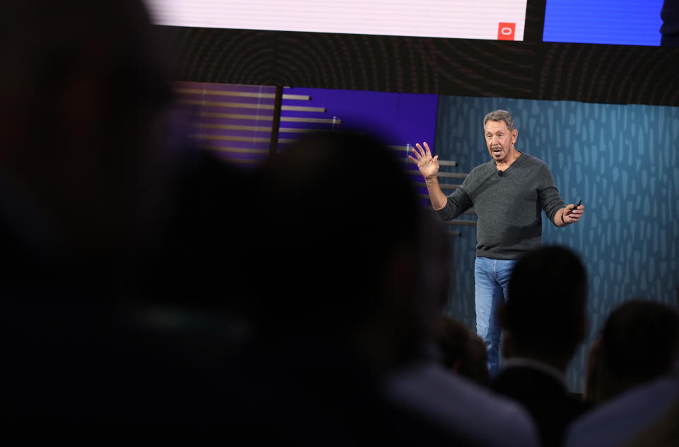 SAN FRANCISCO, CALIFORNIA - SEPTEMBER 16: Oracle chairman of the board and chief technology officer Larry Ellison delivers a keynote address during the 2019 Oracle OpenWorld on September 16, 2019 in San Francisco, California. Oracle chairman of the board and chief technology officer Larry Ellison kicked off the 2019 Oracle OpenWorld with a keynote address. The annual convention runs through September 19.  (Photo by Justin Sullivan/Getty Images)