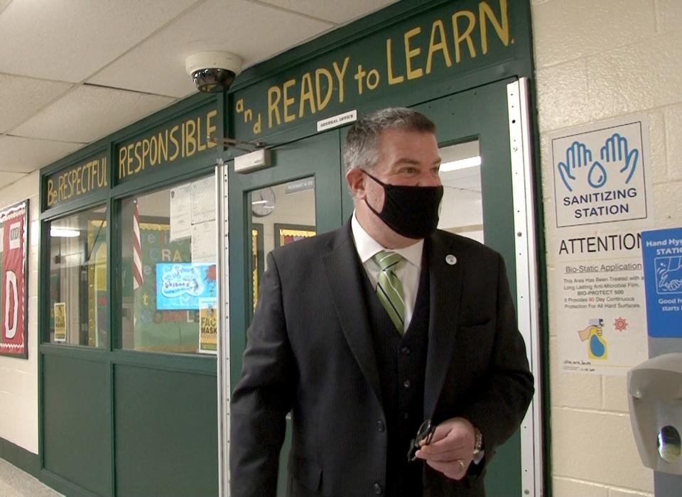 Brick Township Schools Superintendent Thomas Farrell stands outside the main office at Veterans Memorial Elementary School Thursday, March 11, 2021.
