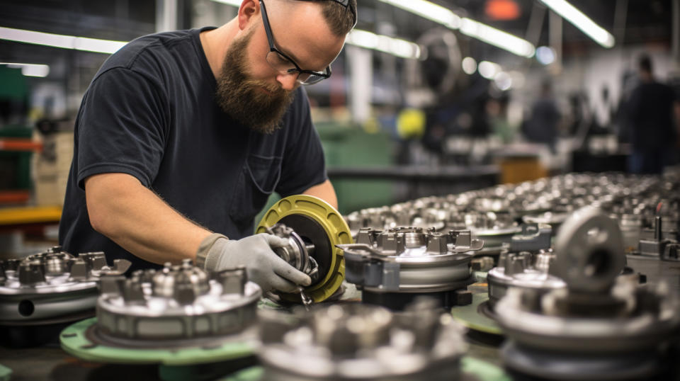 A production line worker overseeing the production of driveline components.