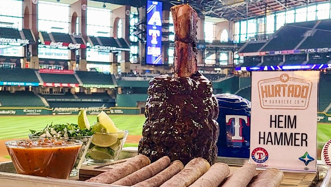 The (Jonah) “Heim Hammer,” a beef shin glazed with sweet habanero barbecue sauce and ready to make street tacos, is Hurtado Barbecue’s special this weekend at Globe Life Field.
