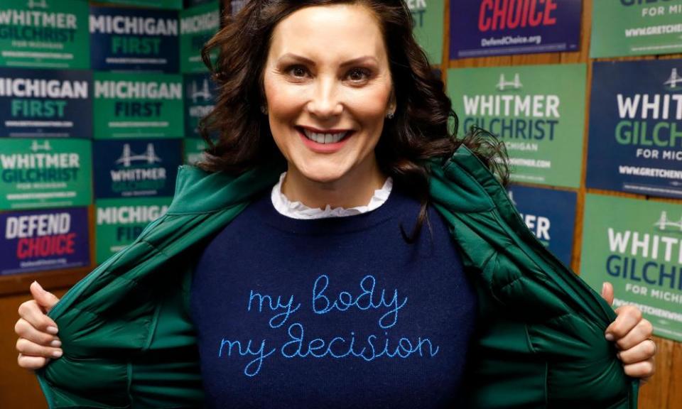Gretchen Whitmer, Michigan governor, donning a “My Body My Decision” shirt.