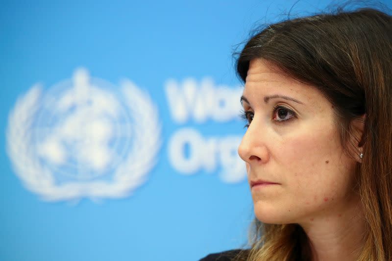 Maria Van Kerkhove, Head a.i. Emerging Diseases and Zoonosis at the World Health Organization (WHO),looks on during a news conference in Geneva