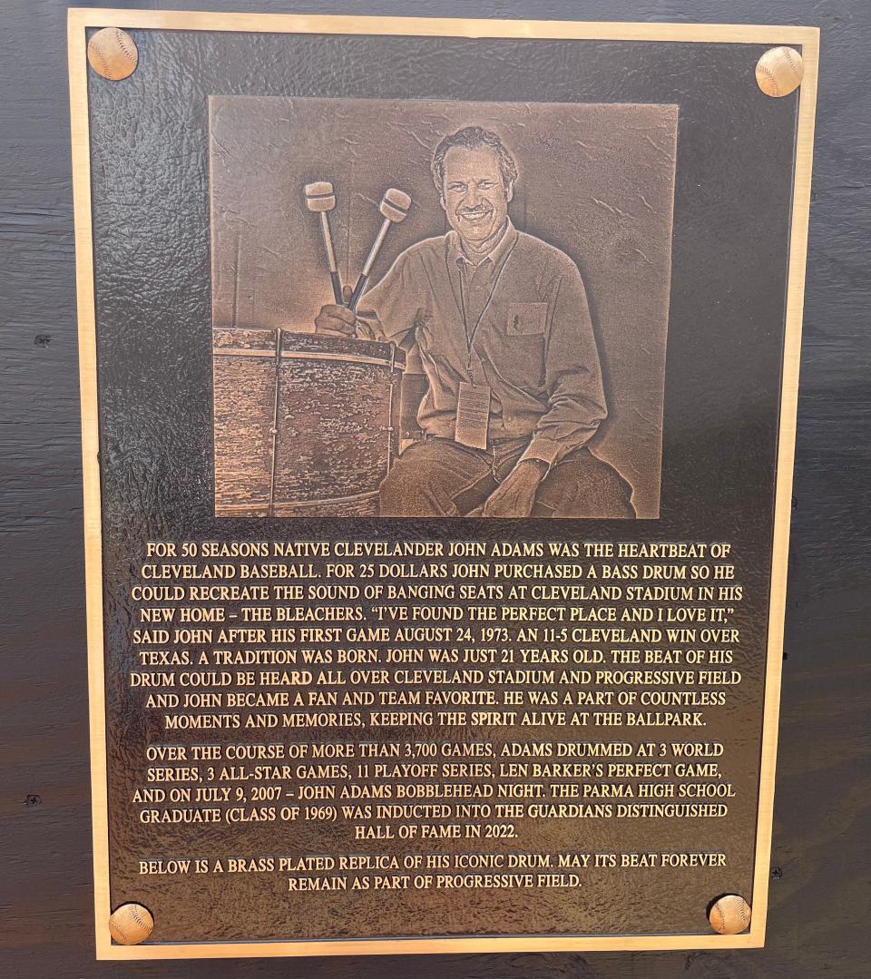 A new plaque honoring the late John Adams can be found in Heritage Park at Progressive Field. Adams drummed at nearly every Cleveland baseball game from Aug. 24, 1973, through the 2019 season.