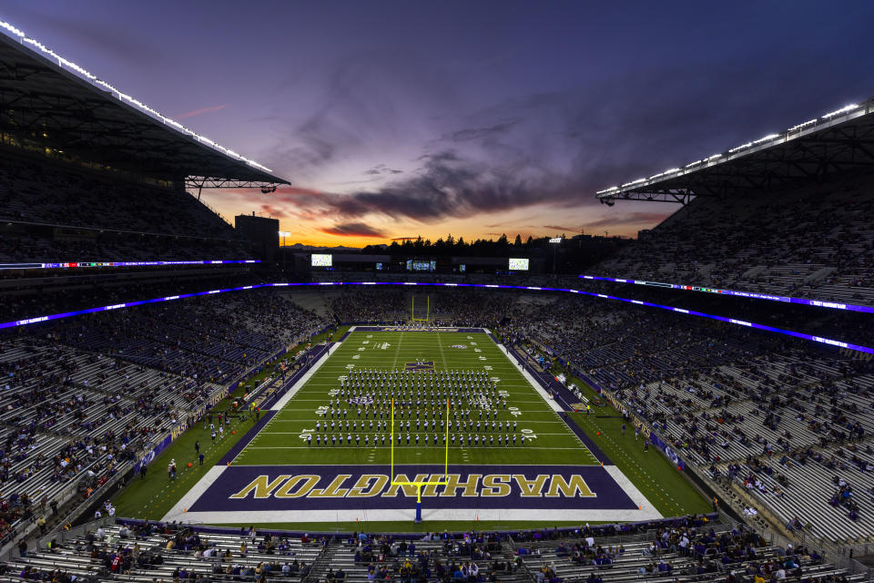 Sept. 24, 2022; Seattle, Washington; General view of Alaska Airlines Field at Husky Stadium as the Husky Marching Band performs before a game between the Stanford Cardinal and Washington Huskies. Joe Nicholson-USA TODAY Sports
