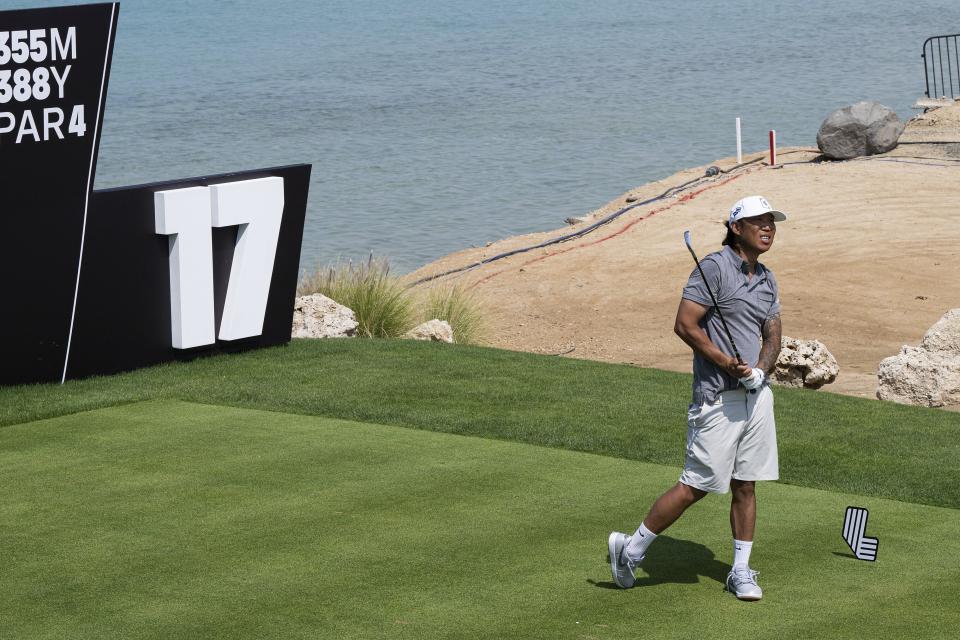 Anthony Kim's second round at LIV Golf Jeddah began on a disastrous note. (Montana Pritchard/LIV Golf via AP)