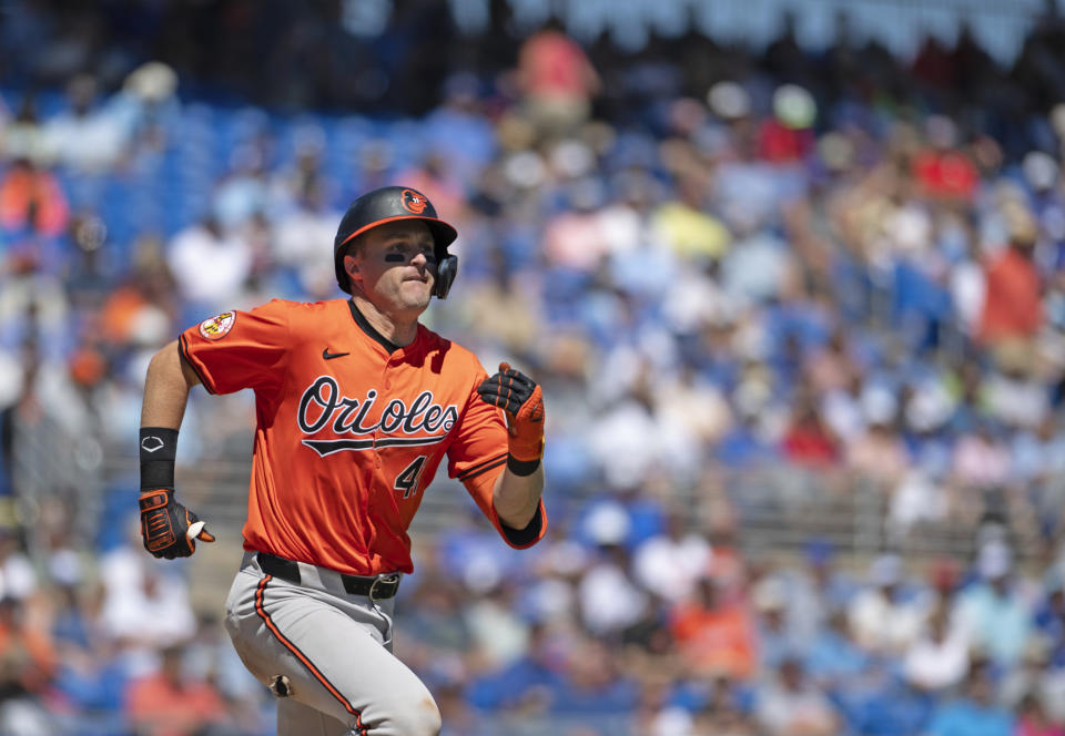 Baltimore Orioles infielder Tyler Nevin runs the bases during a baseball game against the Toronto Blue Jays, Tuesday, March 19, 2024, in Dunedin, Fla. (Mark Taylor/The Canadian Press via AP)