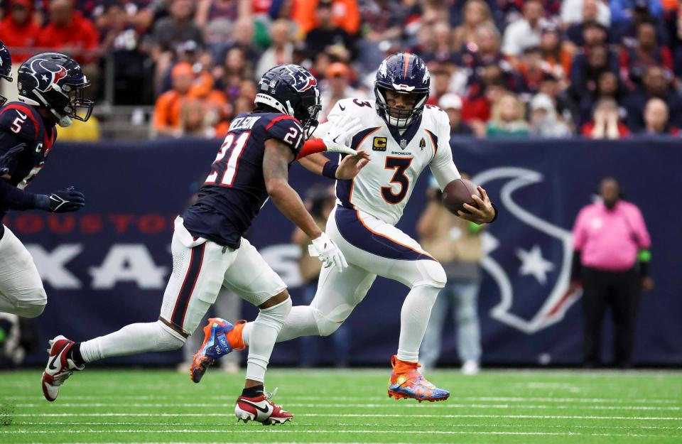 Broncos quarterback Russell Wilson has been much more willing to pull the ball down and run the past two weeks, with 21 total carries for 78 yards and two touchdowns.