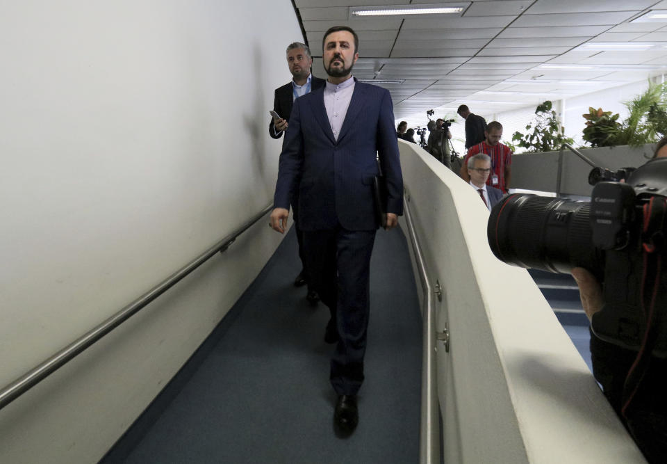 Iran's Ambassador to the International Atomic Energy Agency, IAEA, Gharib Abadi arrives for the media after the IAEA board of governors meeting at the International Center in Vienna, Austria, Wednesday, July 10, 2019. (AP Photo/Ronald Zak)