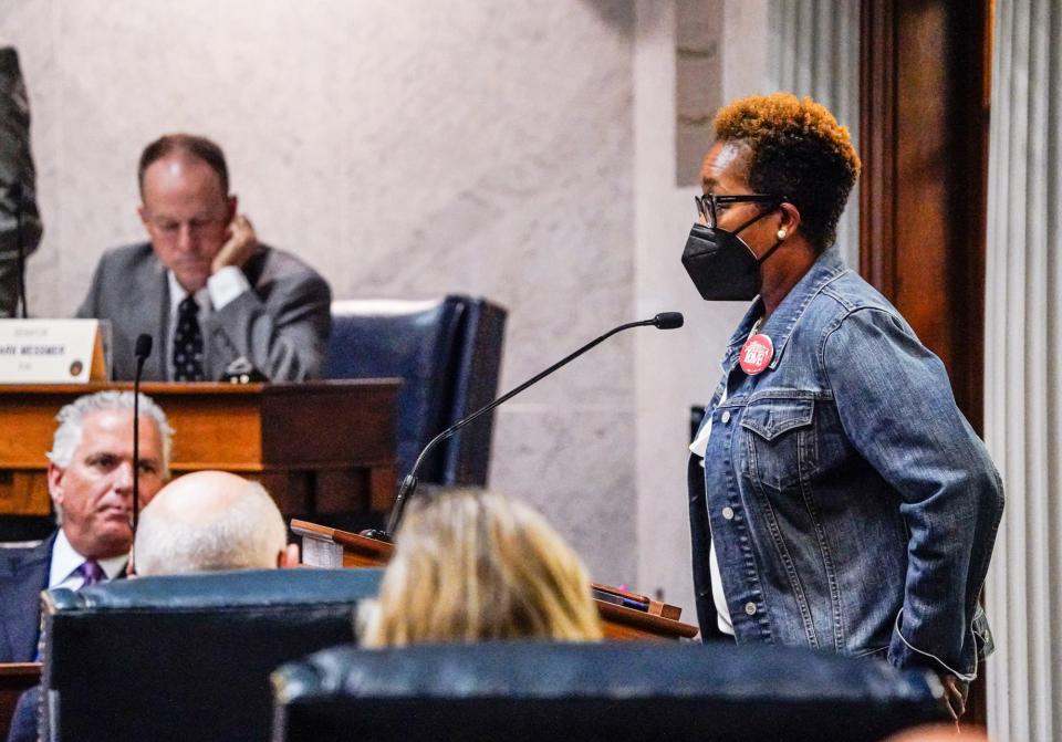 LaKimba DeSadier, Indiana state director for Planned Parenthood, spoke as senate members heard testimony from abortion- rights advocates, anti-abortion advocates, and members of the business community during a special session of the Senate on Tuesday, July 26, 2022, at the Indiana State House in Indianapolis.