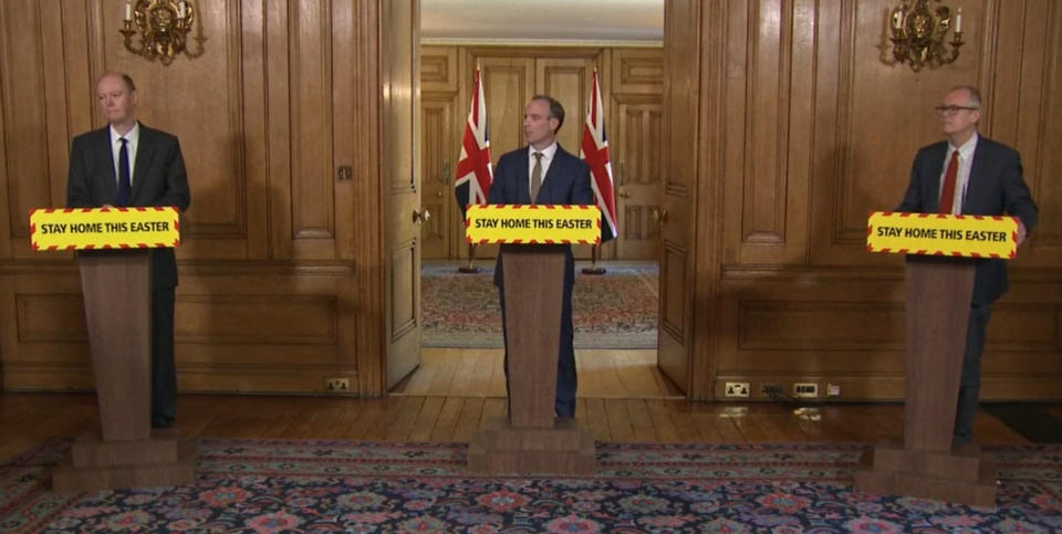 Screen grab of (left to right) Chief Medical Officer Chris Whitty, Foreign Secretary Dominic Raab and Chief Scientific Adviser Sir Patrick Vallance during a media briefing in Downing Street, London, on coronavirus (COVID-19).